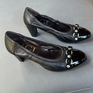 AGL Black Leather Block  Heel Pumps with Silver Hardware Size 6